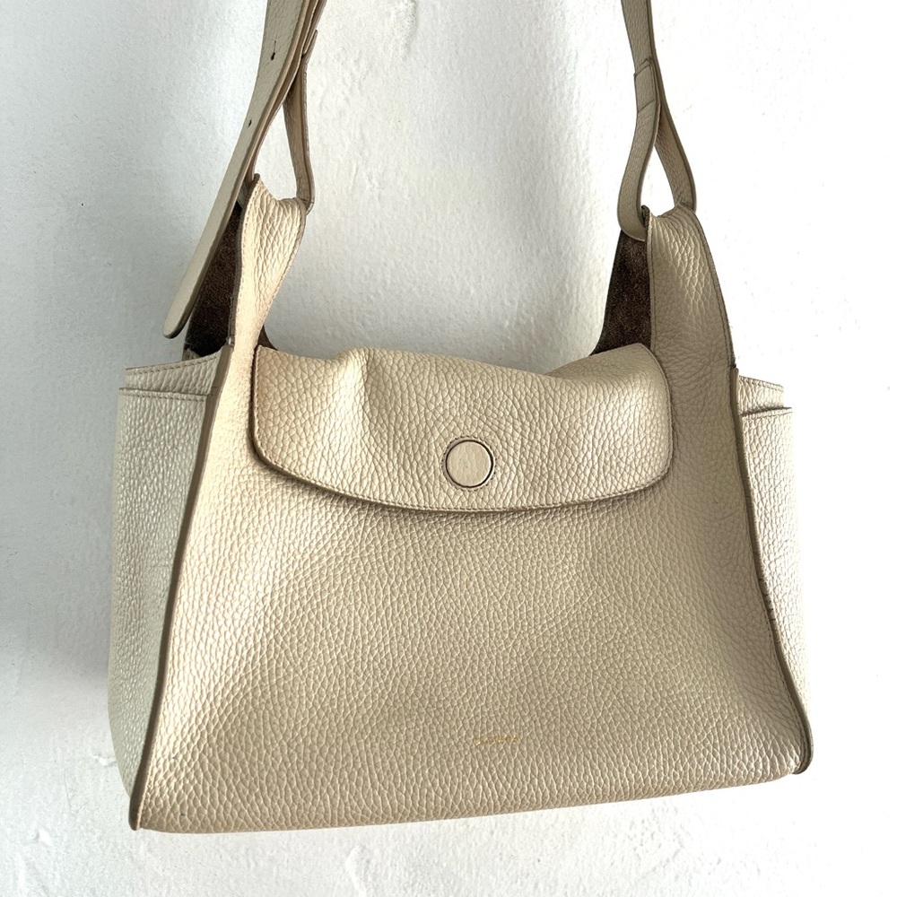 Cuyana Double Loop Cream Pebbled Crossbody Bag Adjustable Gold Hardware
